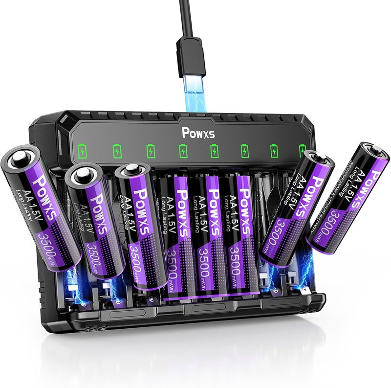 POWXS بطاريات ليثيوم AA قابلة لإعادة الشحن مع شاحن 8-pack 3500mWh، 2000 دورة محطة شحن سريعة Li-ion/Ni-MH، USB-C لكاميرا Blink/وحدة تحكم الألعاب، متوافقة مع AA/AAA (AA مشمولة) - Image 1